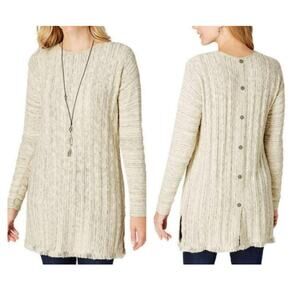 J Jill Fringe Button Back Knit Tunic Sweater Oatmeal Size Medium